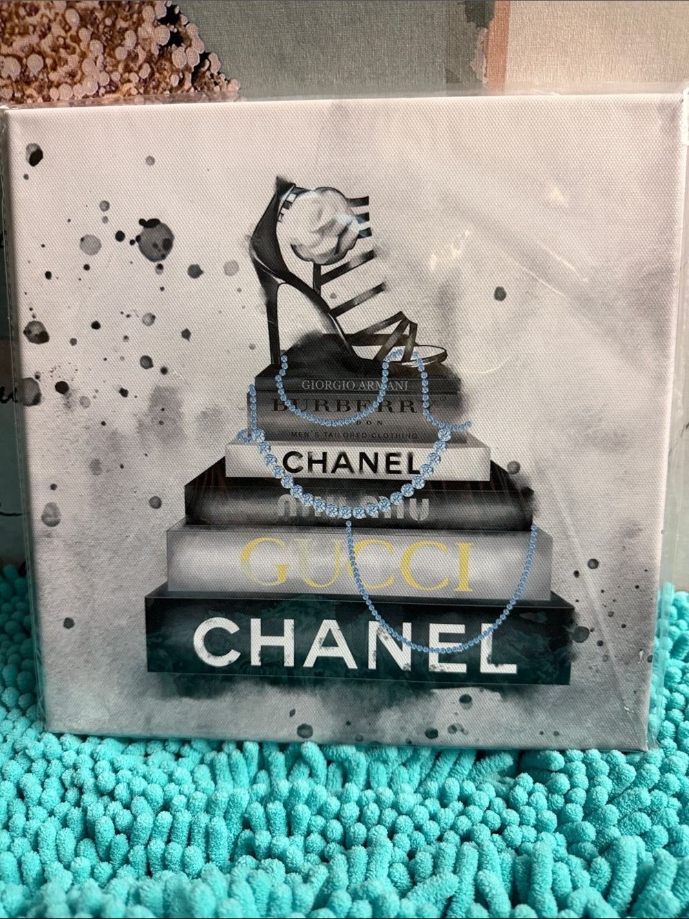 Designer Fashion Stack Canvas Art - Black, White, Gold 10x10” 🆕